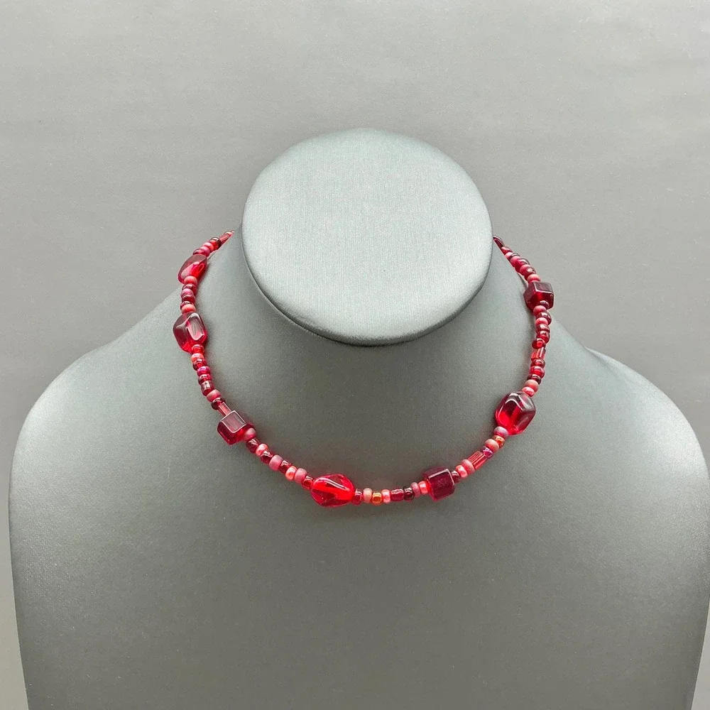Beaded Necklace Women Red Glass Multi Shape Eclectic Artisan Toggle Clasp 14 In